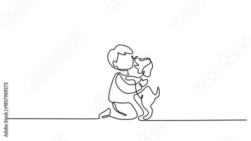 One Line Drawing of a Child Hugging a Cute Puppy