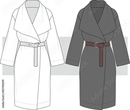 Double breasted long coat with belted fashion technical drawing, illustration. Coat flat sketch, vector. CAD, Mockup.
