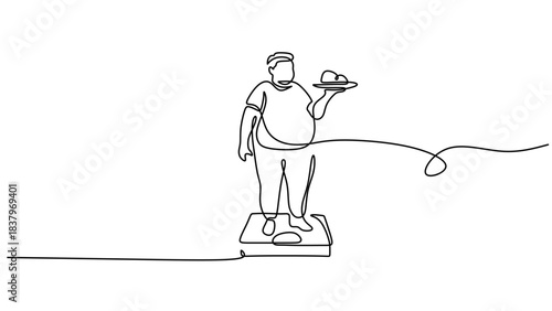 Continuous One Line Drawing of an Overweight Person on a Scale