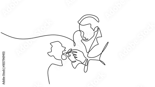 Continuous Line Art of a Dentist Examining a Patient Teeth