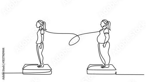 One Line Art of a Weight Loss Transformation on a Scale