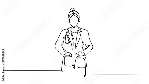 Female Doctor or Nurse with Stethoscope. Continuous one line drawing.