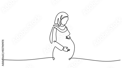 Single Line Drawing of a Pregnant Muslim Woman in a Hijab
