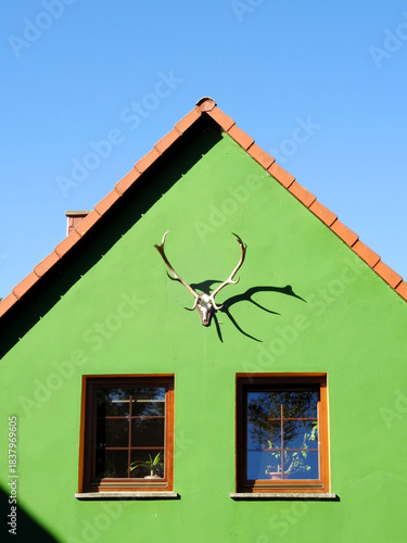 green hunting lodge with antlers with blue sky