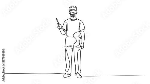 Continuous Line Drawing of a Surgeon in a Mask with a Scalpel