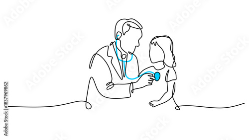 Continuous Line Drawing of a Pediatrician Examining a Toddler Girl