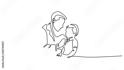 One Line Art Drawing of a Male Doctor Examining a Toddler Boy Patient