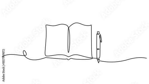 Open book and pen. Continuous line drawing.