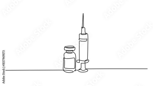 One Line Drawing of a Medical Syringe and Vaccine Vial