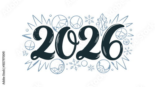 New Year's Eve 2026: An elegant calligraphic design, featuring the year 2026 embellished with festive illustrations like snowflakes and crystalline elements, sets a stylish tone for the incoming year.