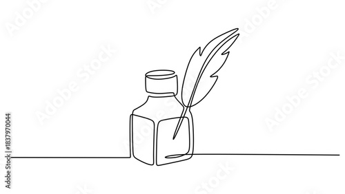 Continuous Line Drawing of a Quill Pen and Ink Bottle