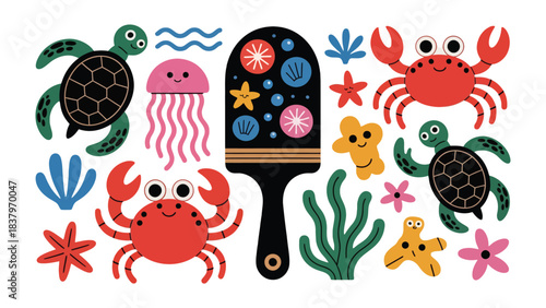 Ocean's Embrace: A whimsical array of marine life, including turtles, jellyfish, crabs, and starfish, playfully arranged alongside an artistic brush, evokes the vibrant energy of the sea.