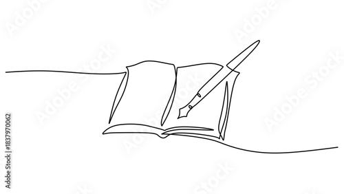 One line drawing of an open book with an ink pen.