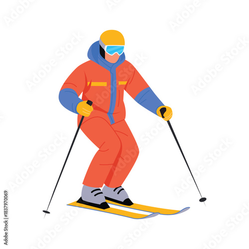 Vector illustration of skiing. Cartoon scene of a man dressed in a warm suit, hat, goggles, gloves, skiing down with ski poles isolated on white background. Winter sport. Ski racing. Downhill.