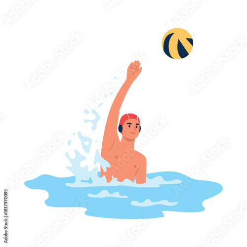 Vector illustration of water polo. Cartoon scene of a guy in the water, in a protective red cap with his hand raised, splashing water, throwing a ball isolated on white background. Team sports game.