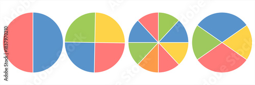 Circle division infographic icon set. Pie chart divided 4,5,6 equal parts. Color pizza or donut round diagram. Infographic wheel segment and fraction. Vector illustration isolated on white background.