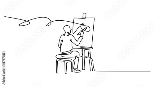 Continuous Line Drawing of an Artist Painting on a Canvas