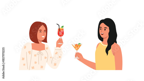 Vector illustration of cheerful girls drinking cocktails.Cartoon scene of brown-haired and brunette girls in stylish outfits, talking and drinking cooling fruit cocktails isolated on white background.