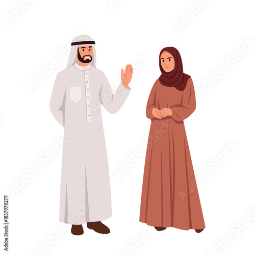 Vector illustration of smiling Arab man and woman.Cartoon scene man with raised hand, in keffiyeh, long buttoned shirt, woman in hijab, dress isolated on white background.Traditional Islamic clothing.