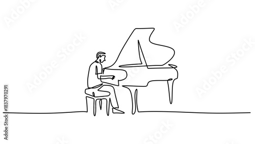 Single Line Art of a Musician Playing a Grand Piano