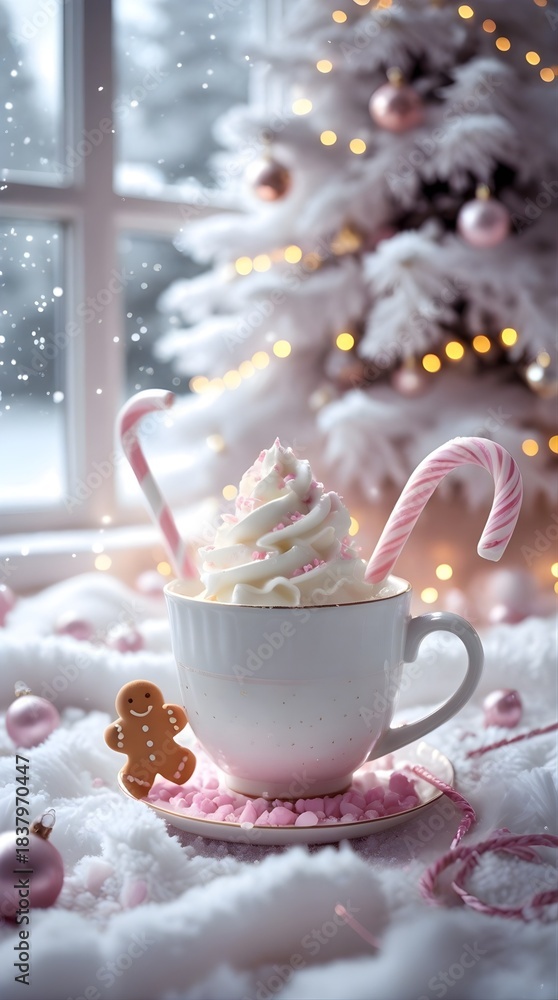 Fototapeta premium Illustration of a serene white winter wonderland interior featuring a delicate white ceramic mug filled with whipped cream and pastel pink sprinkles on a background Christmas tree.