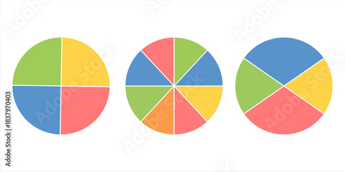 Circle division infographic icon set. Pie chart divided 4,5,6 equal parts. Color pizza or donut round diagram. Infographic wheel segment and fraction. Vector illustration isolated on white background.