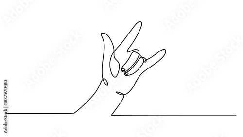 Hand Showing Rock And Roll Hand Gesture. One line drawing minimalist.