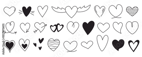Collection of hand drawn ink hearts. Hearts of various shapes and sizes in doodle sketch style. Clip art elements, symbols of love and romance. Vector graphics