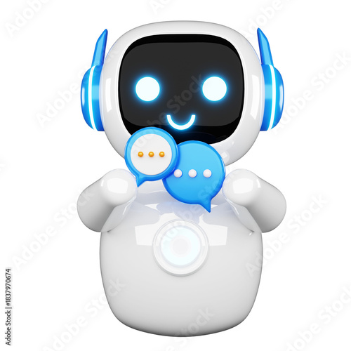 Friendly white support robot wearing glowing blue headphones holds chat bubbles representing immediate customer service communication isolated on transparent background