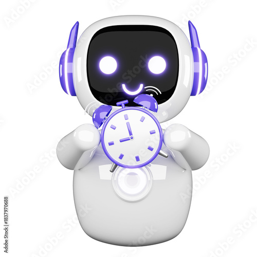 3d white robot character wearing glowing headphones happily presents an analog alarm clock symbolizing scheduling and timely service isolated on transparent background