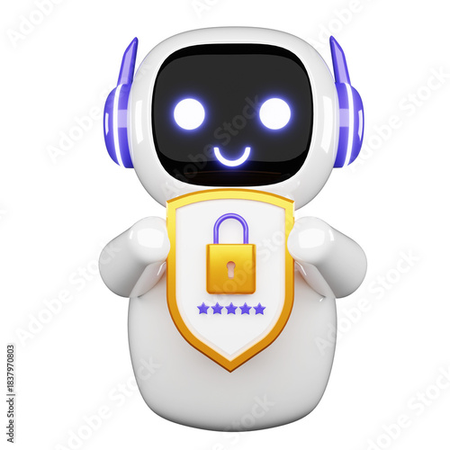 Friendly white robot mascot proudly holding a secure shield with a golden padlock and five stars promoting top rated data protection services isolated on transparent background