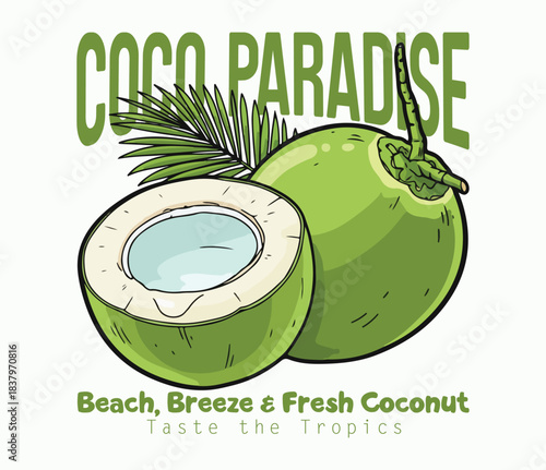 coco paradise. Beach breeze fresh coconut.  vintage illustration of coconut, summer time Graphic Design for T shirt Street Wear and Urban Style. natural coconut fruit illustration. coconut fruit tee.