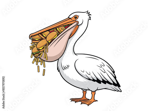 A white pelican with its beak full of hamburgers and french fries, symbolizing gluttony or overconsumption.