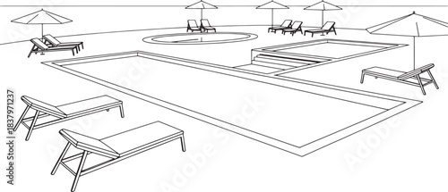 Minimalist line drawing of a resort swimming pool area with lounge chairs and umbrellas poolside