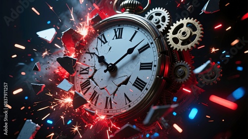 close-up of a mechanical clock exploding into fragments with gears shards and glowing