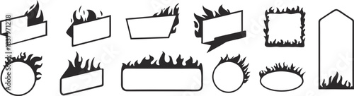 Flaming frame and banner shapes in bold black silhouette style. Fire themed labels and borders add intensity and drama to designs. Perfect for posters, logos, and edgy graphics.