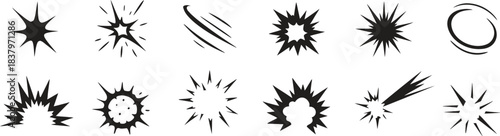 Dynamic sunburst and spark icon set in bold vector style. Radiating shapes add energy, motion, and emphasis to graphic designs. Ideal for highlights, effects, and attention-grabbing visuals.