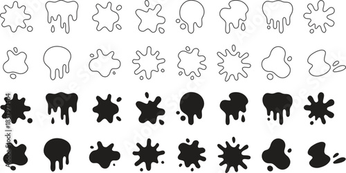 Ink splatter and paint drip shapes in outline and solid silhouettes. Bold artistic splash elements perfect for grunge graphics, stickers, and creative designs. Versatile editable set for dynamic 