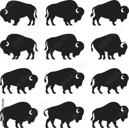 Set of Ten Majestic American Bison Silhouettes in Various Poses