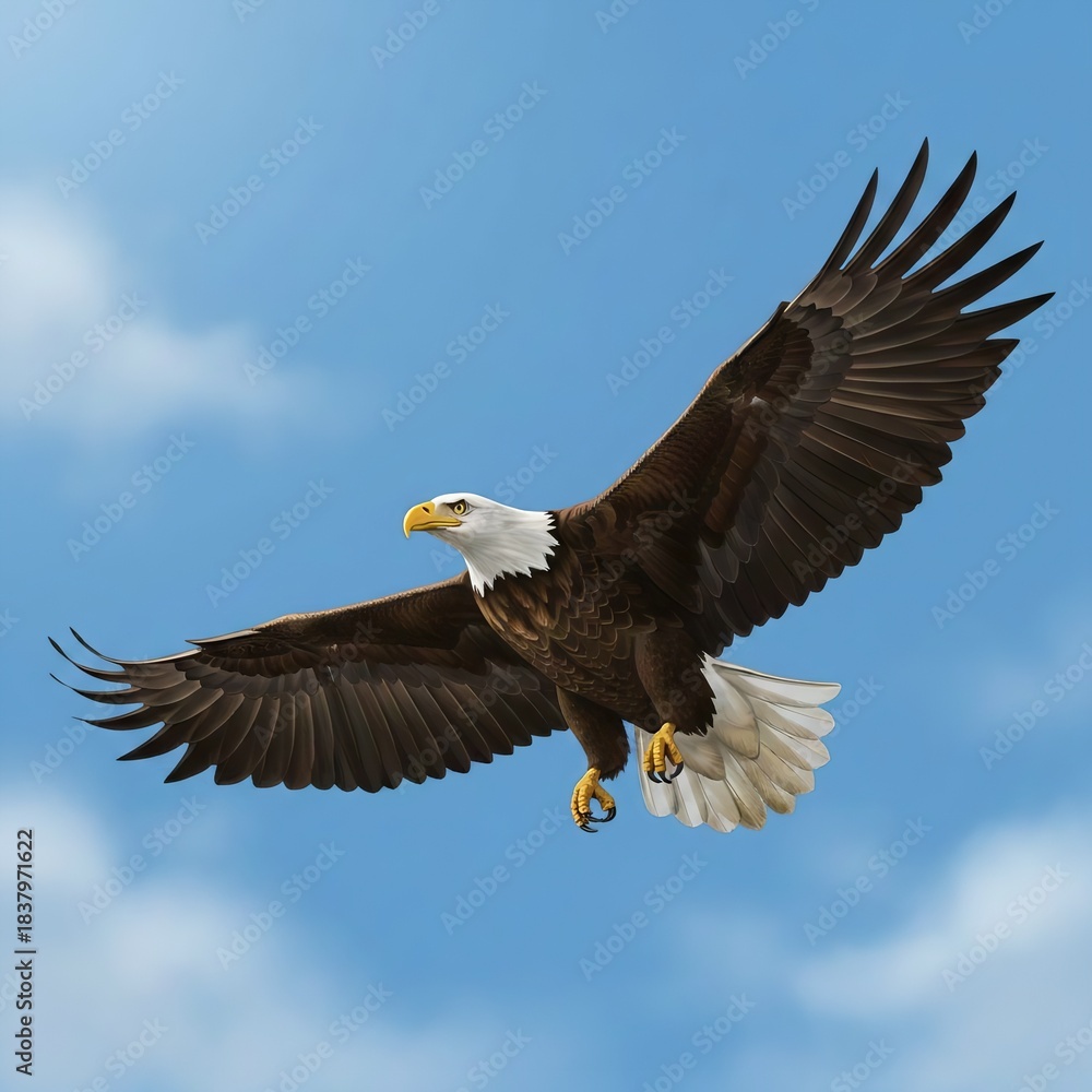 Obraz premium This is an image of a majestic Bald Eagle soaring against a blue sky with clouds