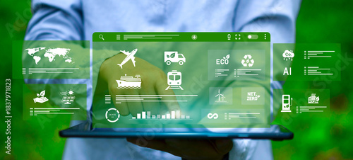 Billede på lærred Focus on sustainable transport and logistics management with digitalization, future green logistics concepts and emission reduction, Net Zero targets for air, road, sea and rail transport