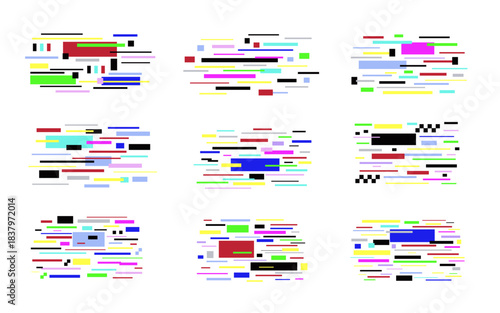 Error screen elements with glitch effect. Pixel distortion effect. TV pixel noise, error texture, error code, decay signal, monitor bugs.