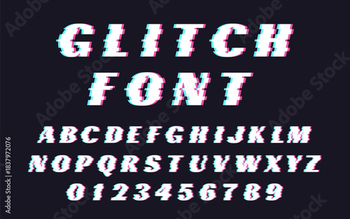 Glitch font. Letters and numbers with distortion and noise. Alphabet with TV screen glitch effect.