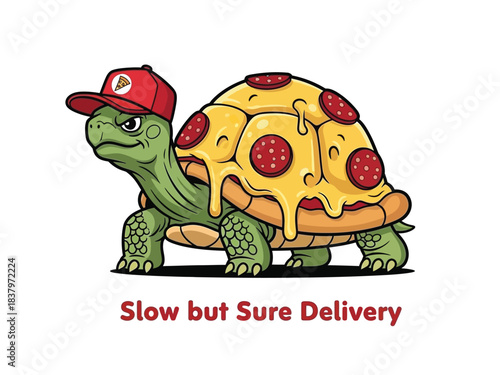 A cartoon turtle wearing a red cap and a pizza as its shell, symbolizing slow but sure delivery.