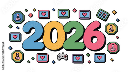 Visualizing the Future: A vibrant illustration showcases the year 2026, surrounded by playful icons. This graphic creates excitement about progress. 