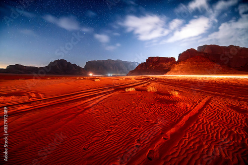 Photography Starry skies in the Wadi Rum Desert, Jordan, Middle East with red sand and mountains