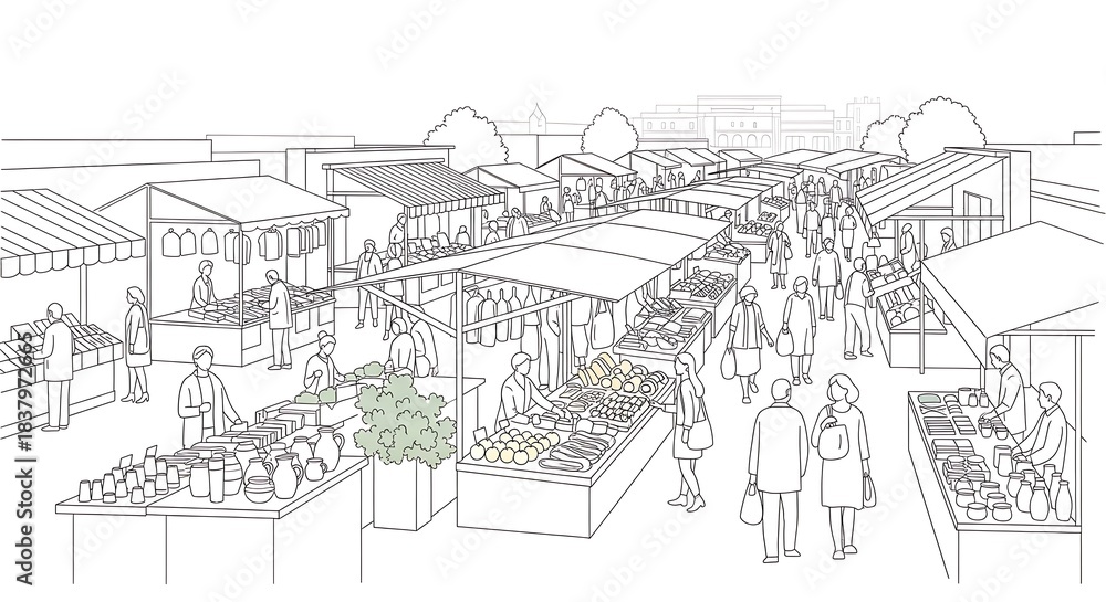 Fototapeta premium Monochrome line art of a busy outdoor farmers market with stalls and people.