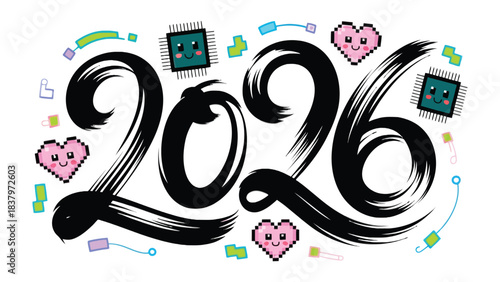 Digital Delight: The number 2026 takes center stage in a whimsical design, accented with playful pixelated hearts, integrated circuits, and dynamic accents, creating a sense of forward-thinking joy.