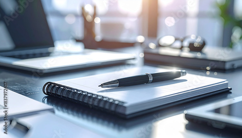 Wallpaper Mural Organized Workspace: A focused image of a modern desk setup, a notebook and pen ready for brainstorming or jotting down ideas. This office scene evokes productivity and professionalism. Torontodigital.ca