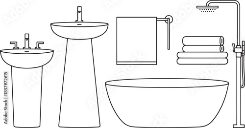 Minimalist line drawing of bathroom fixtures including sinks bathtub shower and towels faucet